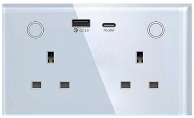 Tuya 146 UK WiFi Smart Socket with USB Type C, Glass Panel, 3-Pin UK Plug + USB-A/C, App Control, Alexa/Google, Fast Charging, 16A, Modern Design